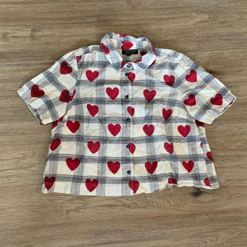 Super cute topshop heart plaid button up blouse shirt - size 4 womens